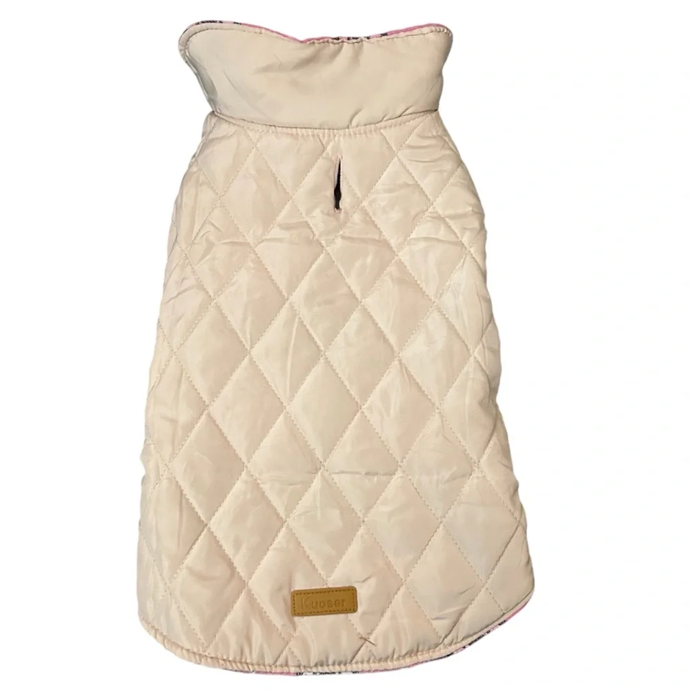 Kuoser Pink Plaid Reversible Quilted Cream Dog Jacket Coat - Size Medium